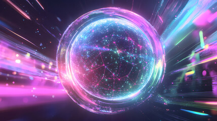 Vivid depiction of a glowing futuristic digital sphere with dynamic neon effects