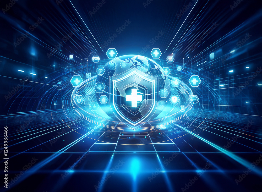 Poster a glowing shield with a plus symbol hovers over a digital globe, encompassed by abstract blue lines 