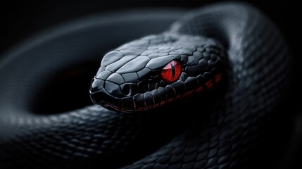 Fototapeta premium Black snake coiled, red eyes, dark background, danger, wildlife photography