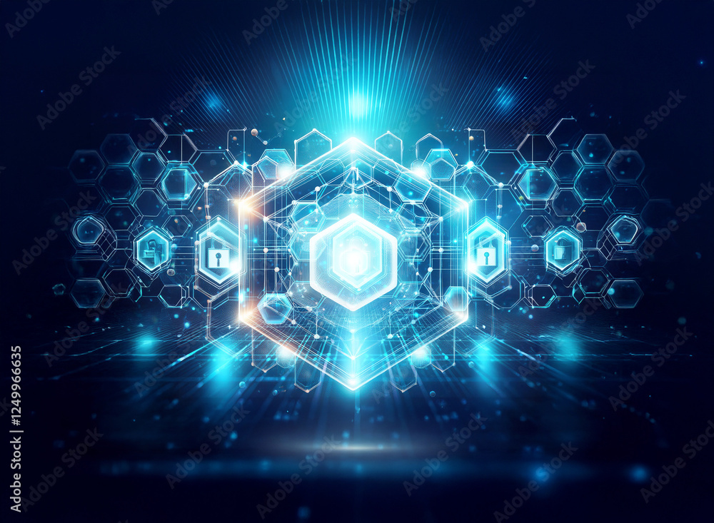 Poster futuristic technology concept featuring a central glowing hexagon surrounded by interconnected shape