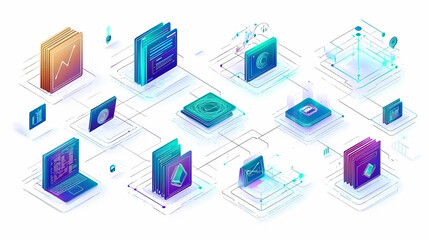 Digital document and folder icons with holographic data network connections. isolated on white background. concept of digital document management. Futuristic Religious Icons. Illustration
