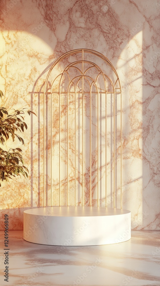 Poster elegant marble setting features a circular platform and golden frame