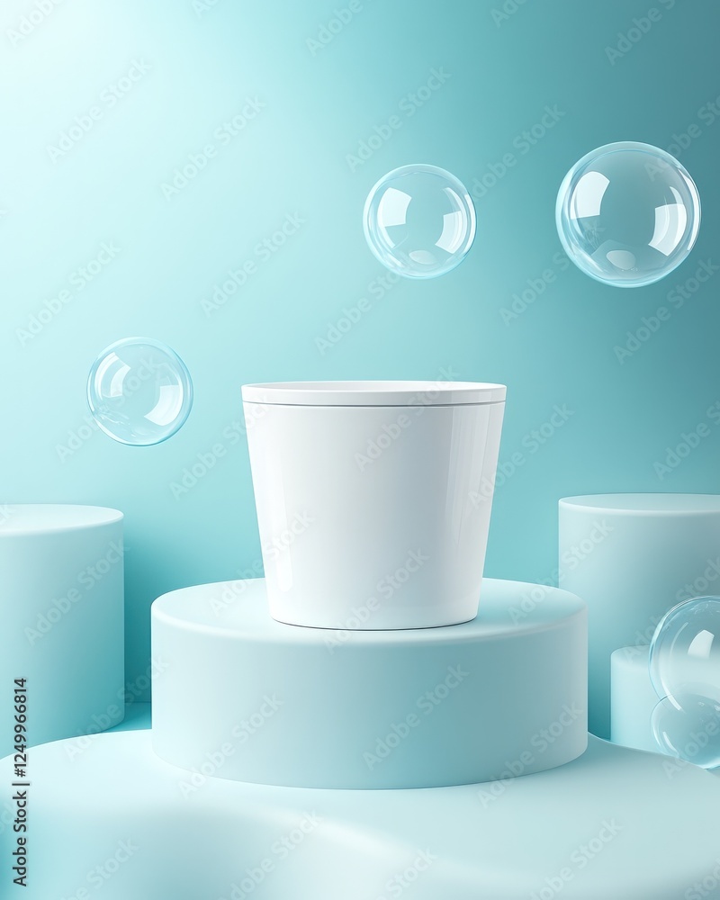 Poster white container displayed with light blue platforms and floating bubbles