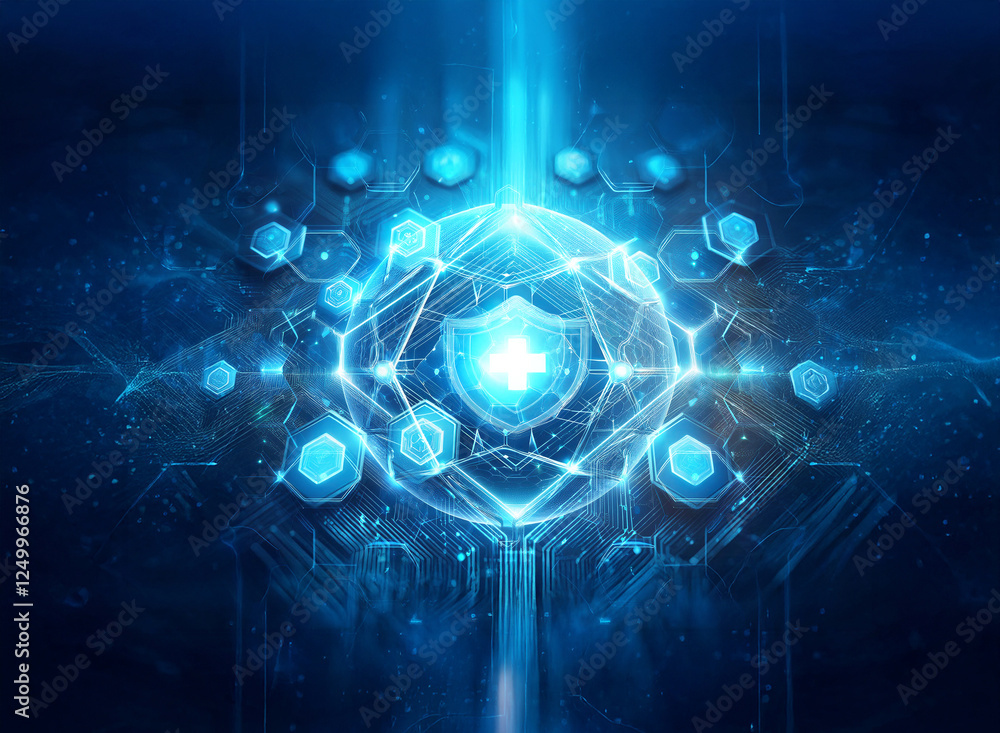 Poster glowing digital shield icon in blue, surrounded by interconnected geometric shapes and lines. a brig