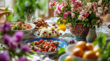 Traditional Haft-Seen Table with Spring Flowers, Celebrating Nowruz and Renewal