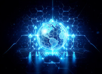 A bright blue globe, illuminated by radiating light, sits at the center of a dark digital space, surrounded by hexagonal patterns and upward-pointing arrows, evoking futuristic technology.