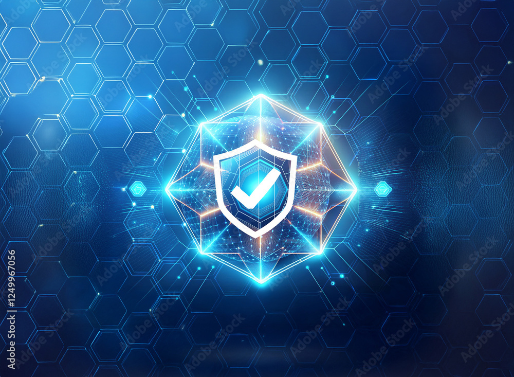 Aufkleber glowing shield with a checkmark is centered on a blue digital hexagon background. represents securit