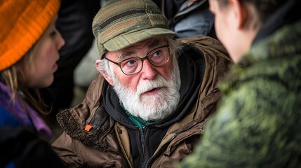 Obraz premium An elderly Caucasian man with glasses and a beard listens intently during a conversation with two younger women.