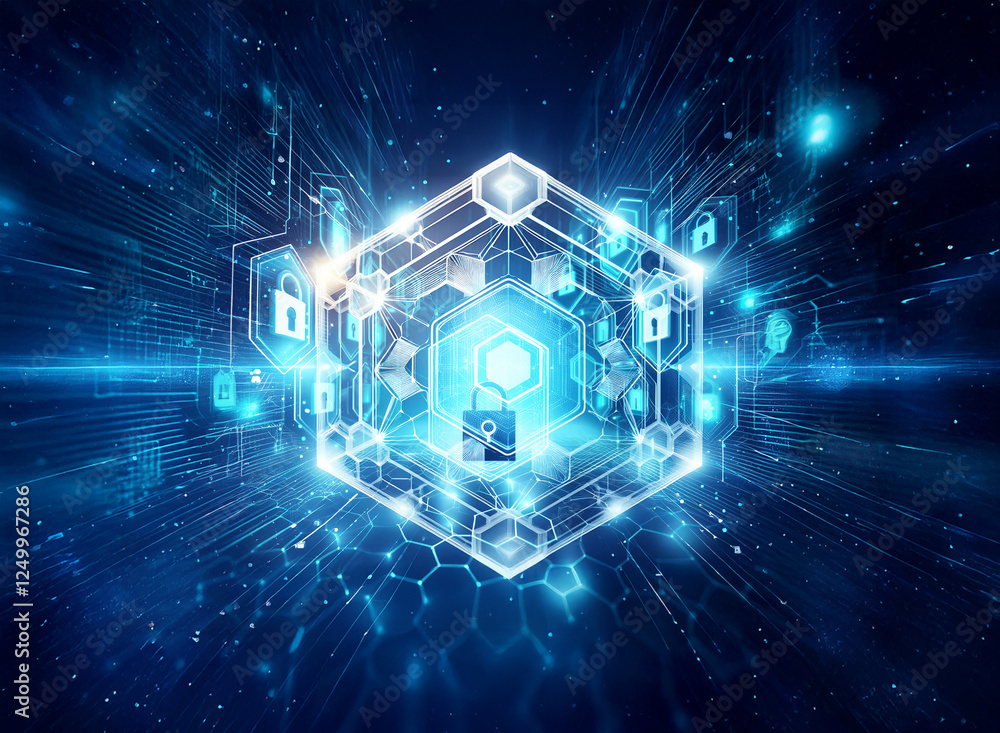 Aufkleber futuristic digital hexagon with a lock in center, surrounded by glowing lines and digital elements o