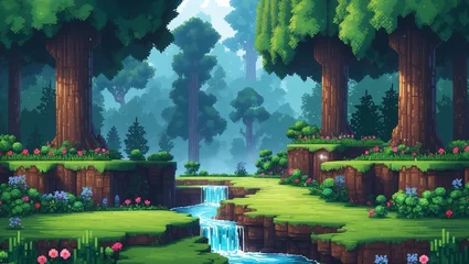 Gordijnen デジタル絵画は、穏やかなマインクラフト風の森を描いています。青々とした木々が生い茂り、穏やかに流れる川と滝が広がっています。 © arie