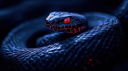 Fototapeta premium Dark snake coiled, night scene, red eyes, danger