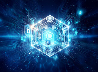 Futuristic digital hexagon with a lock in center, surrounded by glowing lines and digital elements on a dark blue backdrop. Security concept.