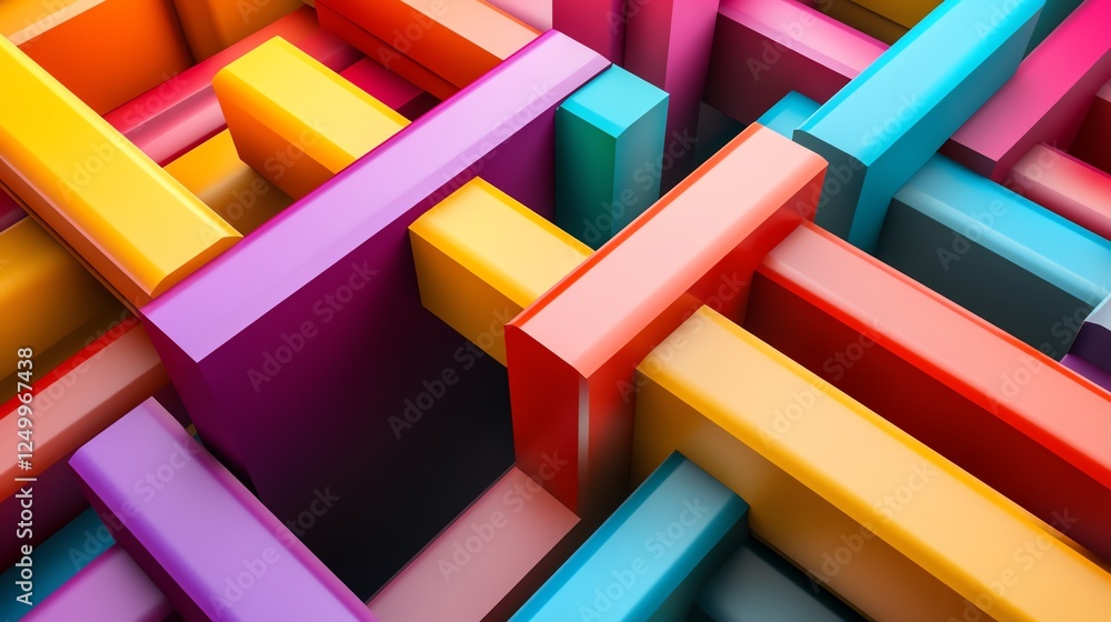 Poster colorful abstract arrangement of geometric shapes creating a vibrant three-dimensional structure