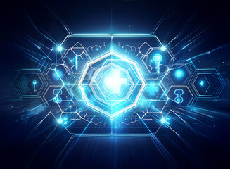 A glowing blue hexagonal shape with interconnected lines and dots creates a futuristic and technological design.  Bright light emanates from the center, highlighting the geometric structure.