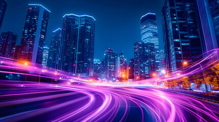 Fototapeta premium Futuristic cityscape with vibrant neon lights and high skyscrapers at night
