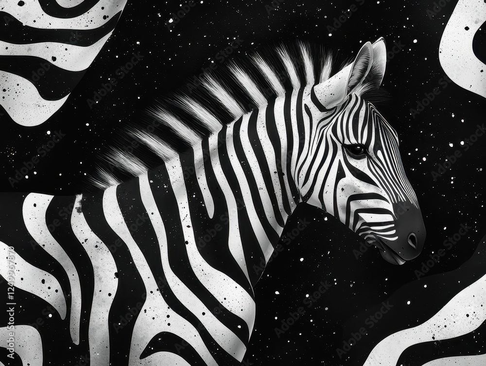 Poster a stylized black and white zebra surrounded by abstract patterns.