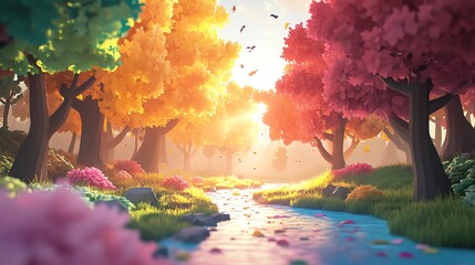 Autumn Landscape Featuring Vibrant Foliage and a Serene Stream at Sunset in a Peaceful Forest Setting