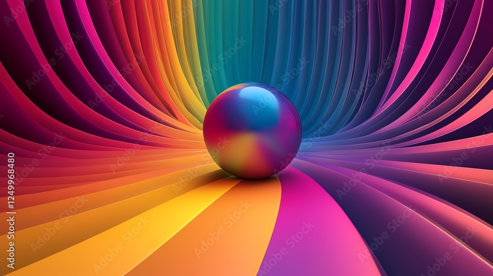 Poster colorful abstract design featuring a reflective sphere in a flowing gradient environment