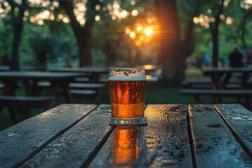 Glass of beer on wooden table, condensation dripping down, cozy pub ambiance with dim lighting and blurred people in background.