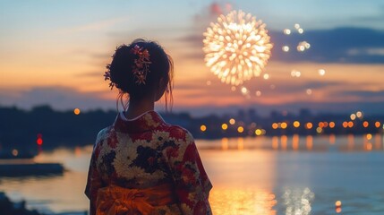 Back view of a woman in a kimono watching fireworks explode over a calm river at sunset
