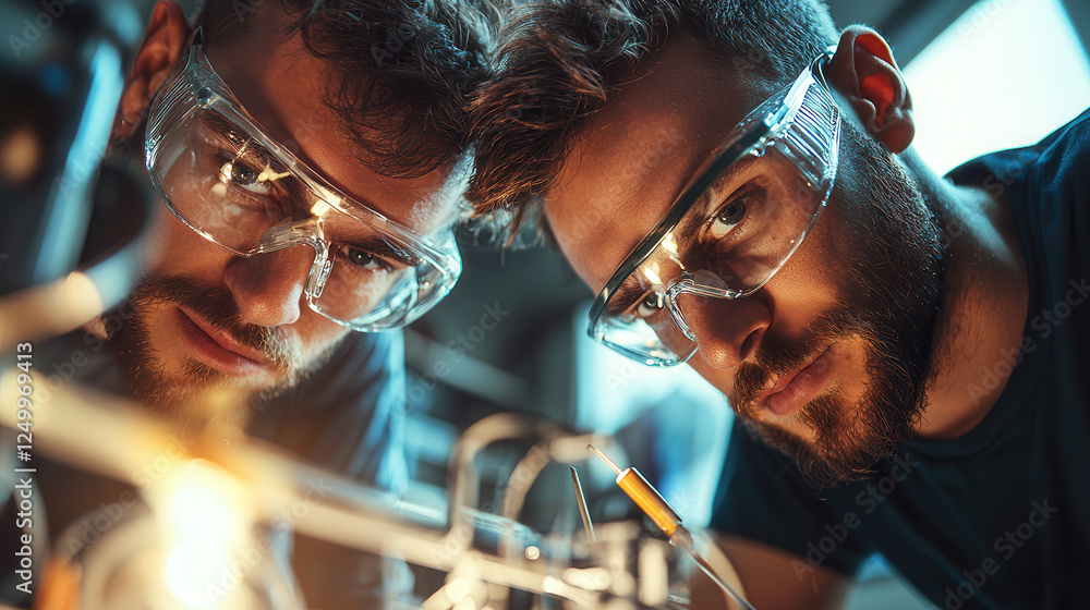 Poster engineers working intently on new product in laboratory setting, showcasing innovation and teamwork