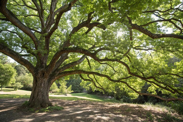 Naklejka premium Lush green tree canopy over parkland, tranquil scene, for nature, relaxation, and peacefulness