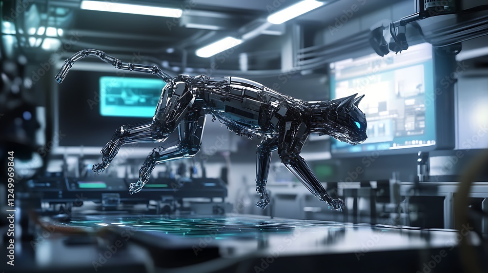 Aufkleber futuristic robotic cat leaping gracefully in a high-tech laboratory, illuminated with blue and green