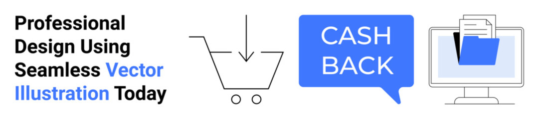 Shopping cart icon, cashback text in speech bubble, digital file folder on monitor screen. Ideal for e-commerce, cashback promotions, digital payments, online shopping, retail marketing, financial