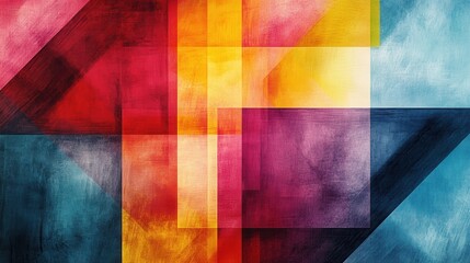 Fototapeta premium Abstract geometric art with vibrant hues, overlapping squares and triangles in red, yellow, and blue. Ideal for backgrounds, website designs, or adding a modern artistic touch to projects.