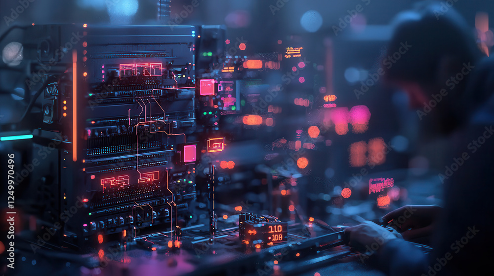 Poster cyberpunk style network infrastructure with neon lights and glowing circuits, showcasing advanced te