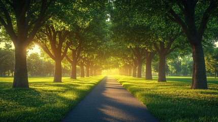 Obraz premium Sunlit Pathway Through Lush Green Tree Lined Avenue