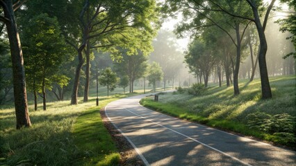 Obraz premium Cycle path passing through a sunlit forest clearing, serene atmosphere, wildflowers, forest clearing, outdoor cycle path