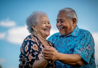 Happy senior couple laughing and dancing outdoors on a bright day.