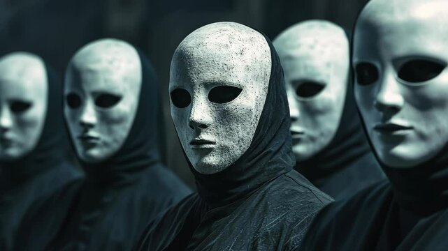 group of figures wearing identical masks, eerie and mysterious composition, sharp and dramatic focus, surreal and unsettling atmosphere