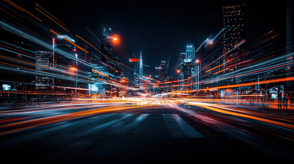 Obraz premium Futuristic cityscape at night with vibrant light trails and skyscrapers