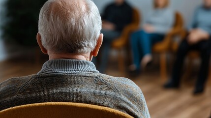 Elderly man in casual attire attending a group therapy session, surrounded by attentive participants in a cozy setting.