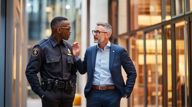 Security guard and businessman having a conversation in a modern building.