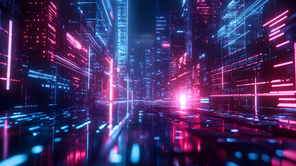 Futuristic cityscape with vibrant neon lights and digital skyscrapers