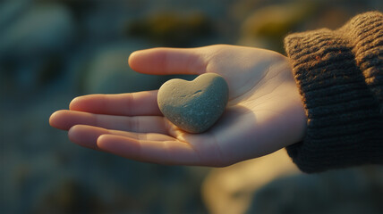 手のひらにそっと置かれたハートの石が語る愛と温もり
