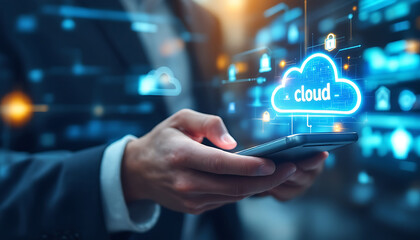 Businessman Using Smartphone With Cloud Computing Graphic Overlay
