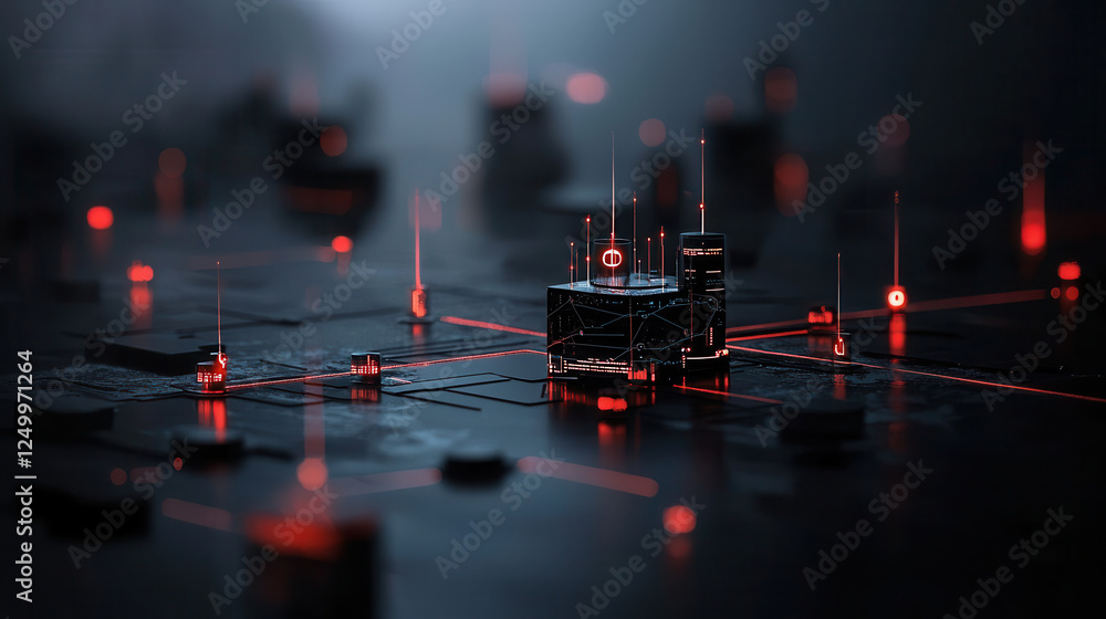 Poster minimalist concept of network infrastructure with glowing red elements, showcasing futuristic design