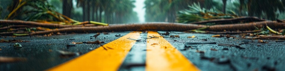 Fototapeta premium Fallen branches block a rain-slicked road, a stark reminder of nature's power.
