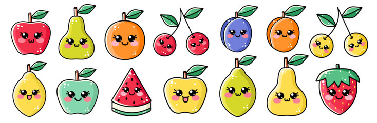 Big set of summer seasonal outline cute kawaii fruit. Fun sweet bright fruits for kids. Collection organic fresh vector food. Eco healthy ingredient for baby poster, banner, children packaging, coupon