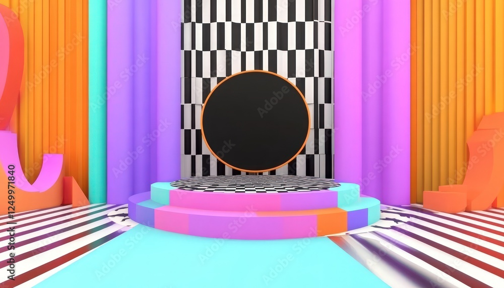 Poster abstract geometric composition featuring a circular stage and colorful elements