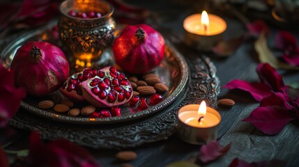 Obraz premium pomegranate, almonds, tray, candlelight, nowruz, festive, celebration, tradition, culture, silver, fabric, warmth, richness, luxury, elegance, decoration, holiday, gathering, family, heritage, symboli