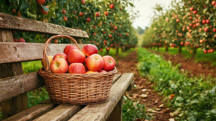 A rustic basket filled with ripe, sun-kissed apples rests on a weathered wooden bench in a tranquil field, evoking a peaceful and serene atmosphere with its simple, natural beauty.