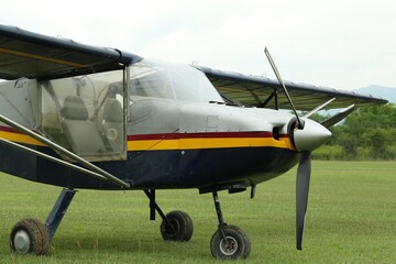 View of beautiful modern airplane on autumn day outdoors, closeup