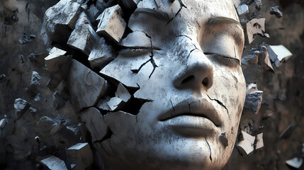 Deconstructed human face fragmenting into small pieces representing personal identity crisis and social media criticism. Deconstructed Reality. Illustration