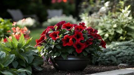 Vibrant Red Petunias in a Garden Pot