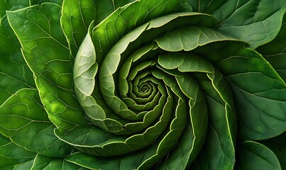 Obraz premium Emerald vortex, Abstract botanical swirl of overlapping green leaves